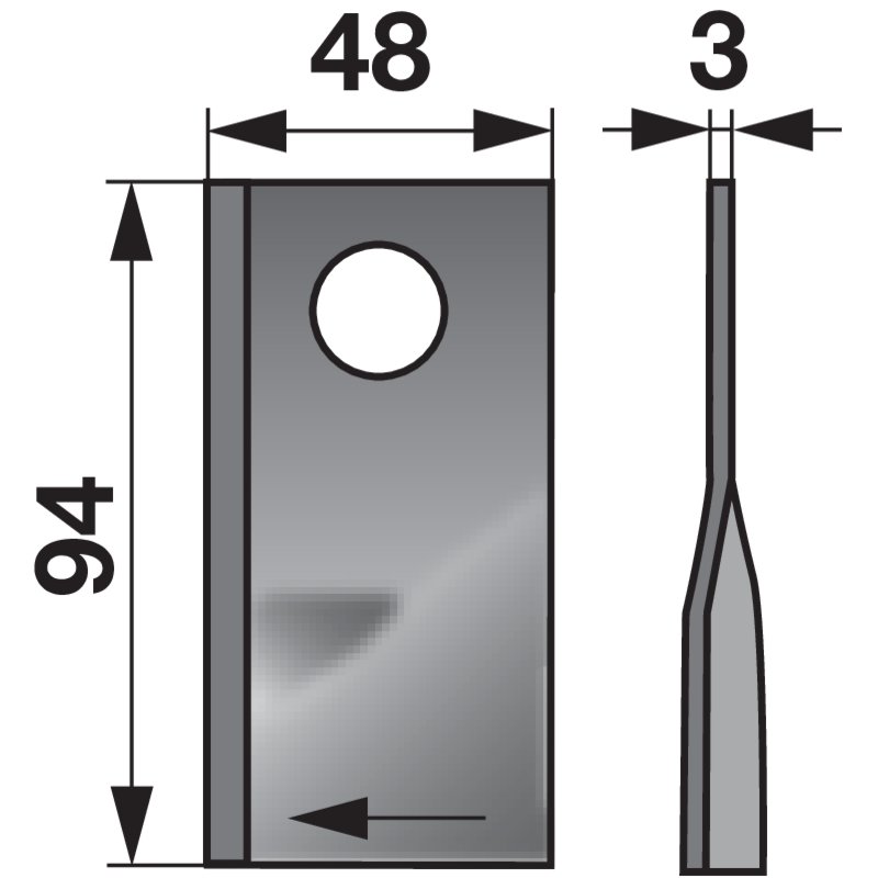 Kreiselmäherklinge rechts, L 94 x B 48 x S 3 mm, d 23 mm, 25 Stück