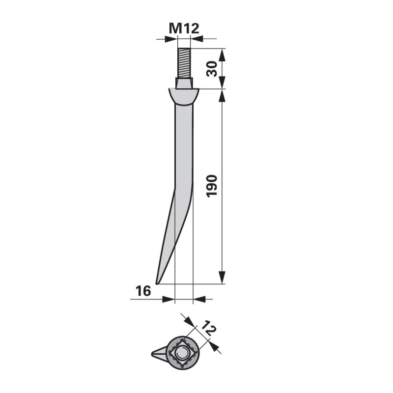 Dente per erpice rotante dritto, 16 x 190 mm, M12, quadrato