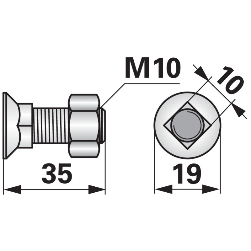 Pflugschraube Vierkant, M10 x 35 mm, Güte 10.9, mit Mutter