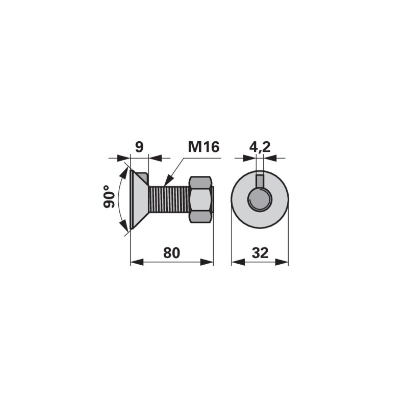 Pflugschraube 1-Nase, M16 x 80 mm, Güte 8.8 mit Mutter