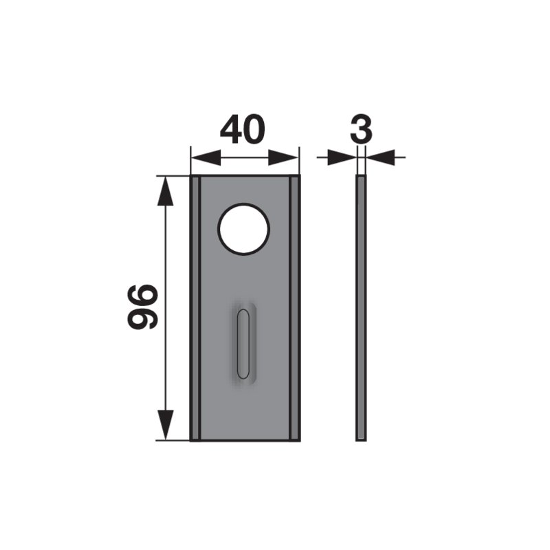Kreiselmäherklinge gerade, L 96 x B 40 x S 3 mm, d 19 mm, passend zu Rasspe Super 96