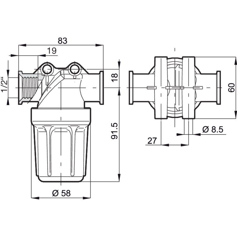 Leitungsfilter komplett, 1/2 Zoll Innengewinde, 80 Maschen
