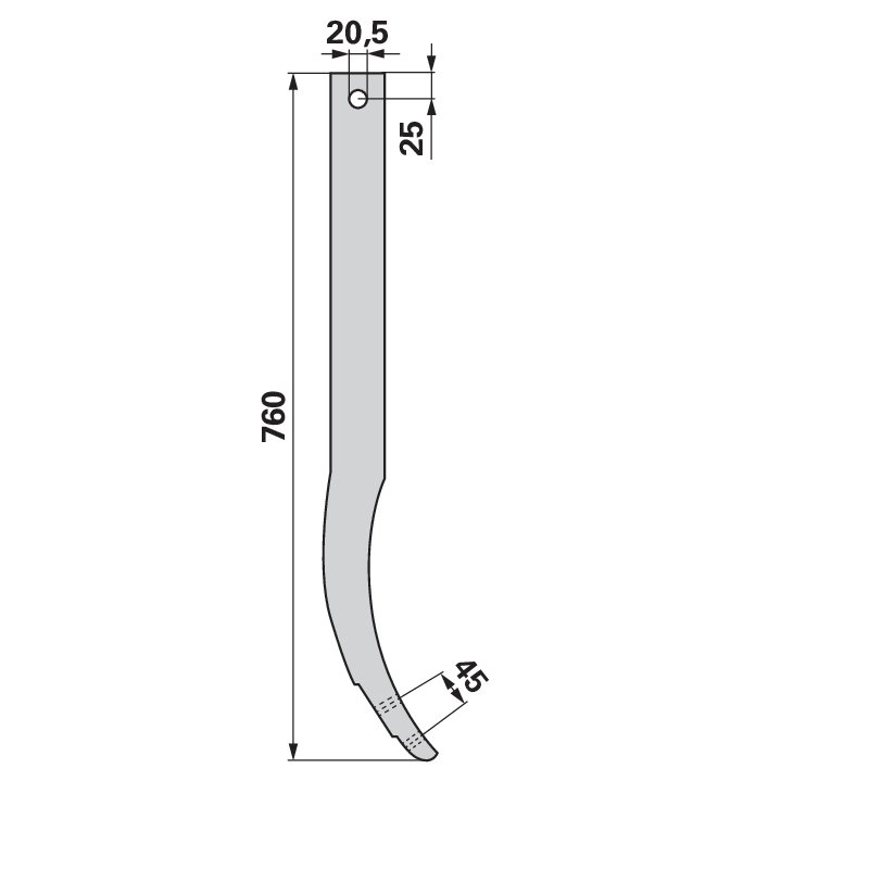 Schwergrubberstiel 60 x 25 mm, Länge 760 mm, Lochabstand 45 mm