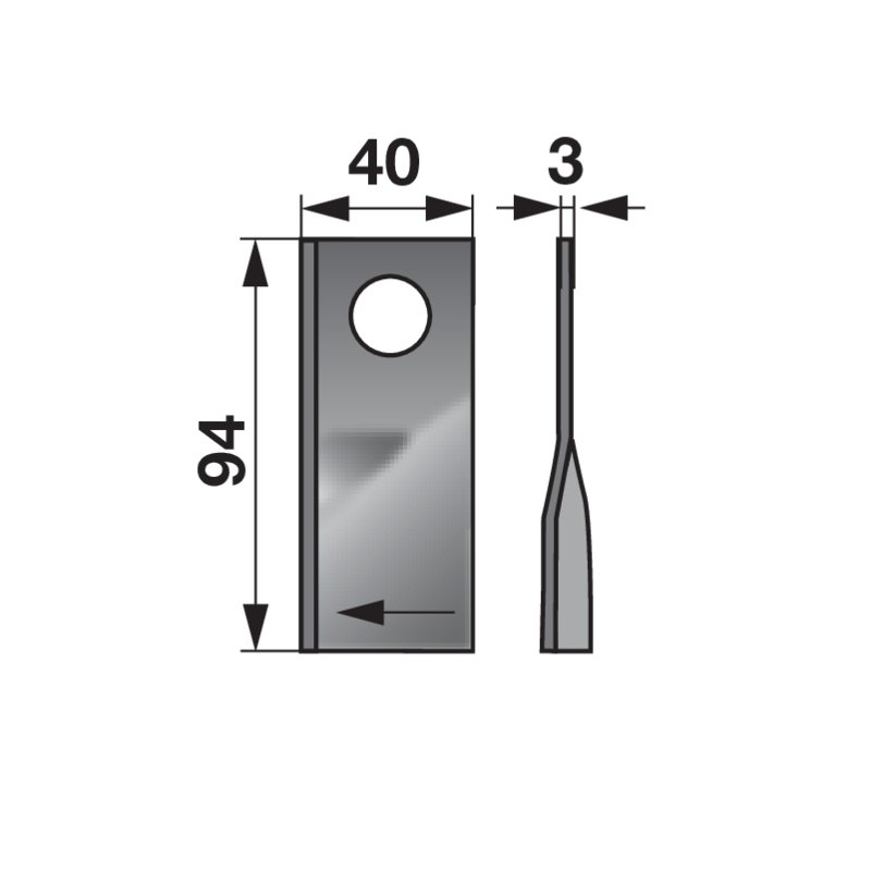 Kreiselmäherklinge rechts, L 94 x B 40 x S 3 mm, d 19 mm