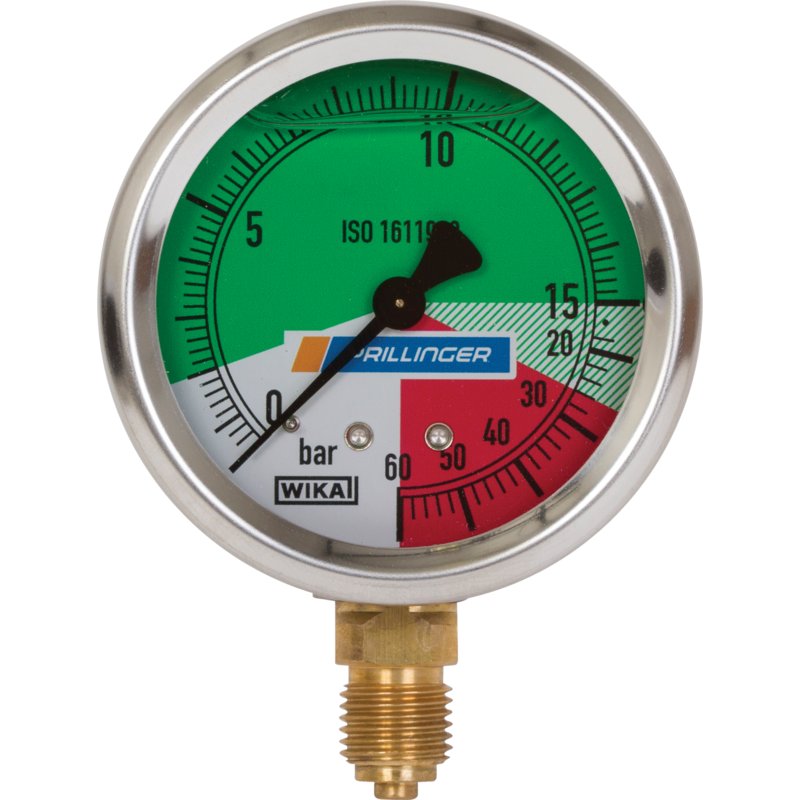 Glyzerinmanometer 63 mm, 0-15/60 bar, Anschluss unten, 1/4 Zoll WIKA