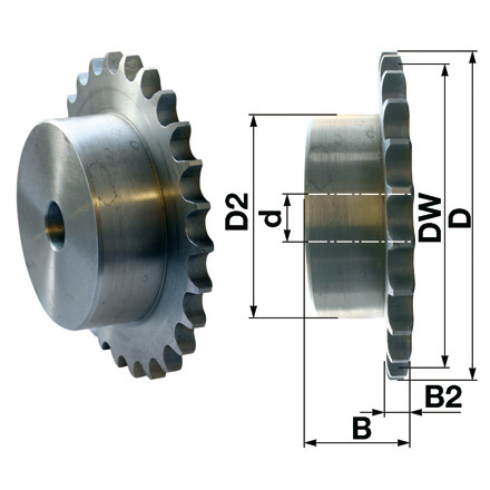 Kettenrad Simplex 1 1/4 x 3/4 Zoll, 19 Zähne, C45, DIN8187
