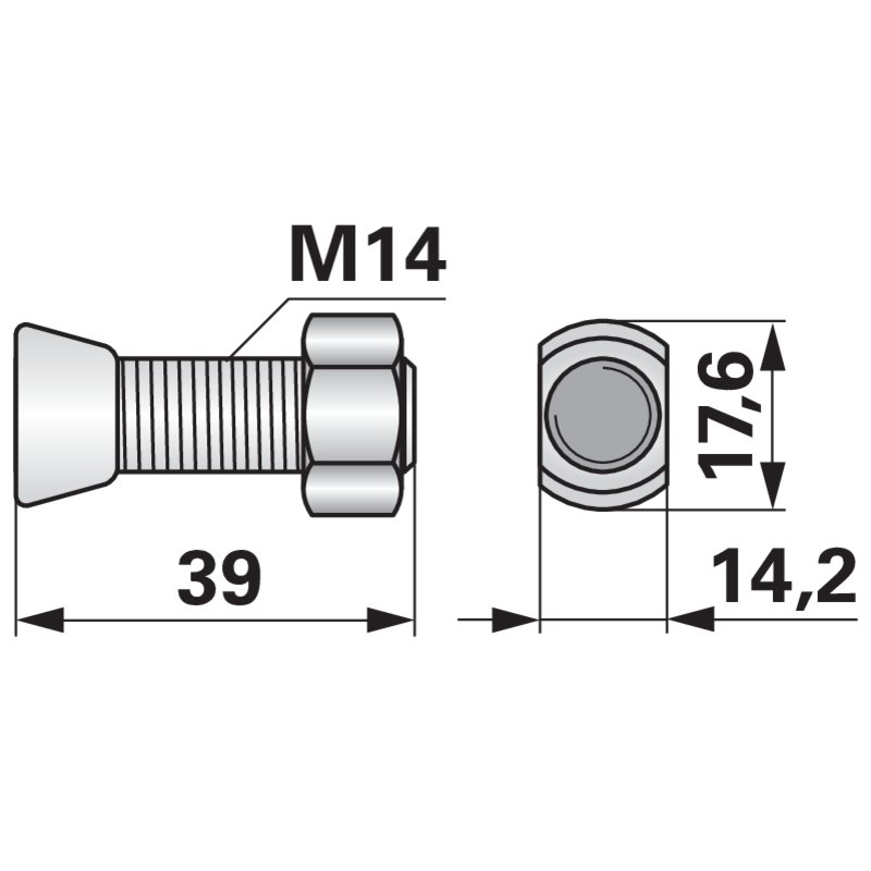 Bullone per aratro a testa ovale, forma Vogel & Noot, M14 x 39 mm, grado 12.9, 1 pezzo con dado