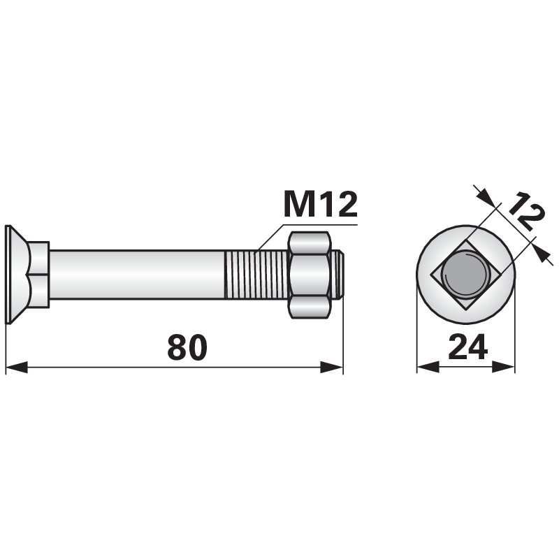 Vite a testa quadrata, M12 x 80 mm, classe 10.9, 10 pezzi con dado