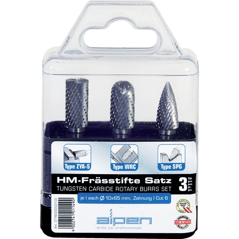 Set di frese in metallo duro, 3 elementi, dentatura 6, forma A, C, G